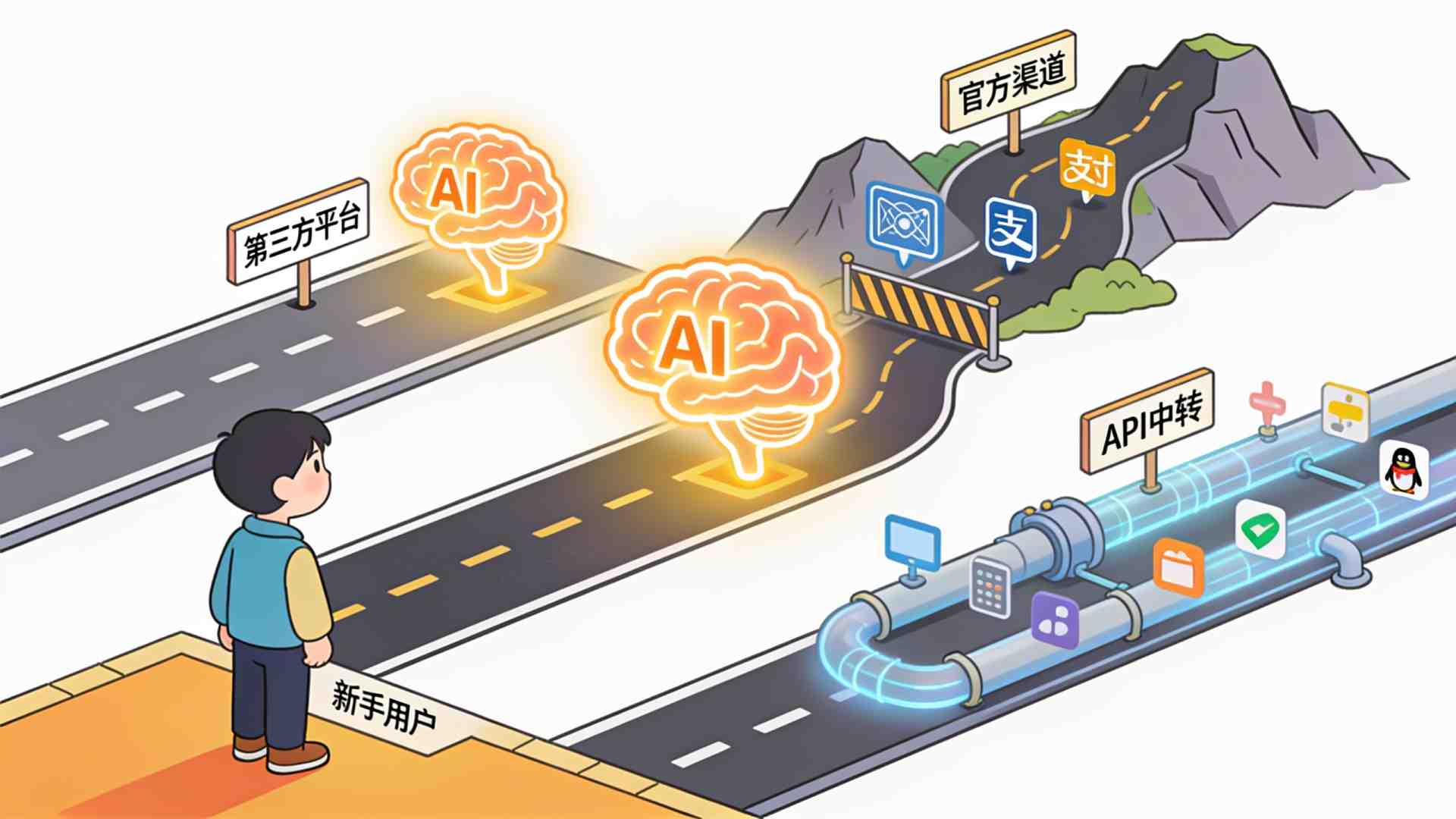 国内用户使用GPT-4.0三种方法的选择路径图:第三方平台、官方渠道与API中转。