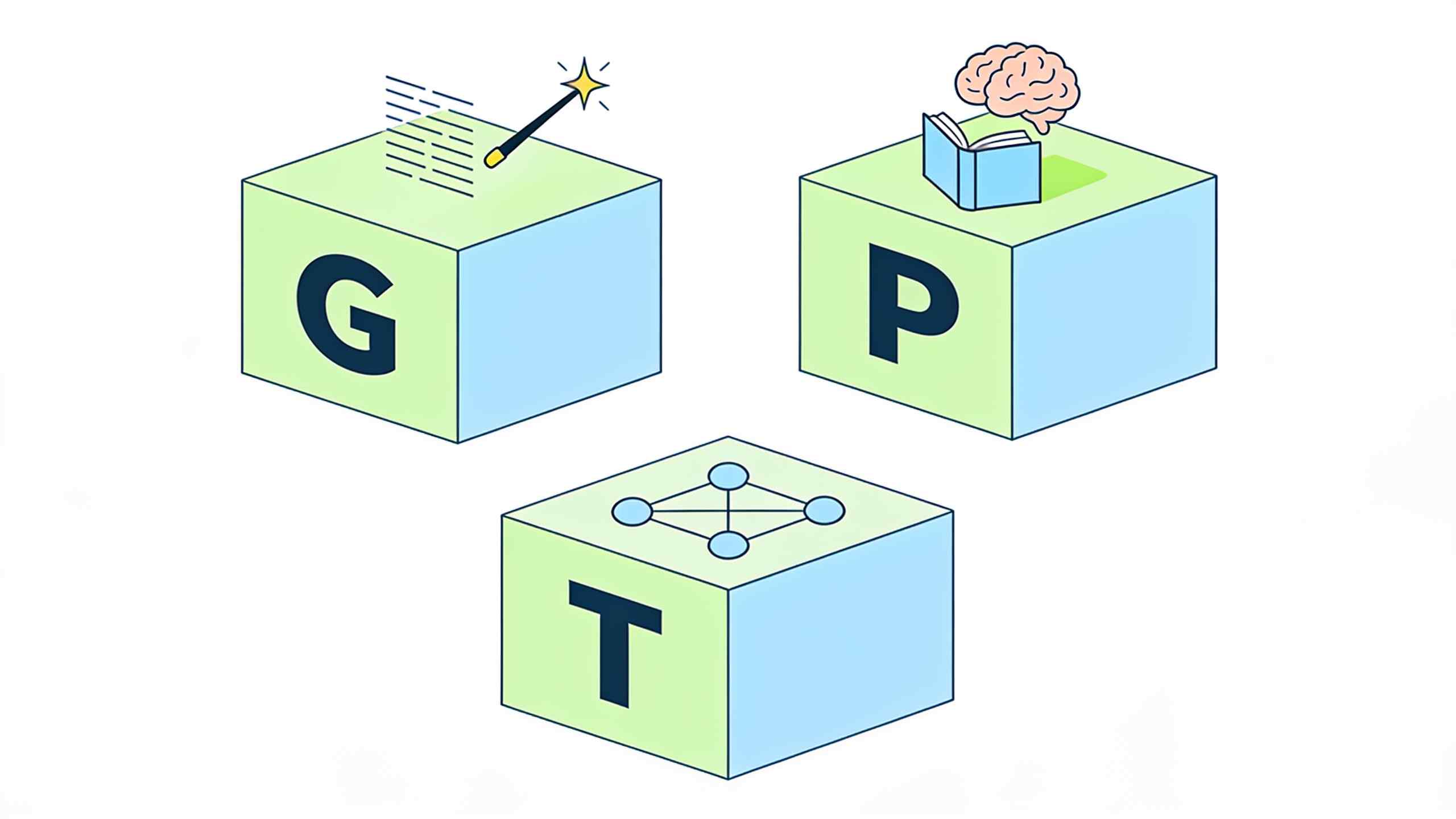 GPT三个字母含义图解,展示Generative、Pre-trained和Transformer